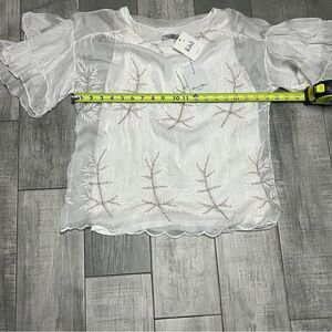 NWT Elena B Italy Silk Chiffon Silver Embroidered Floral Ruffle Relaxed Blouse S